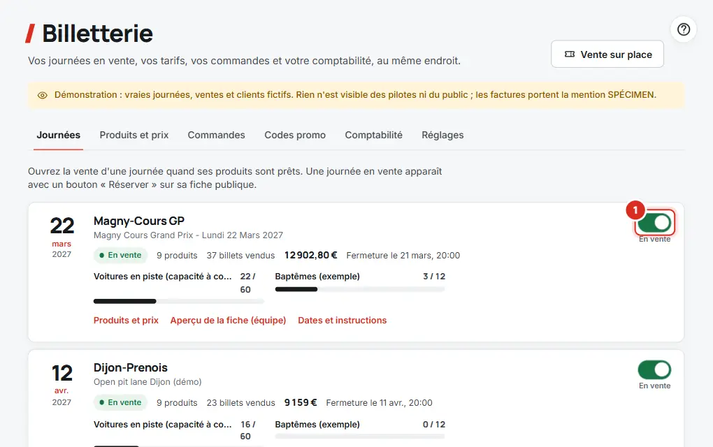 Billetterie : journée en vente avec son interrupteur En vente
