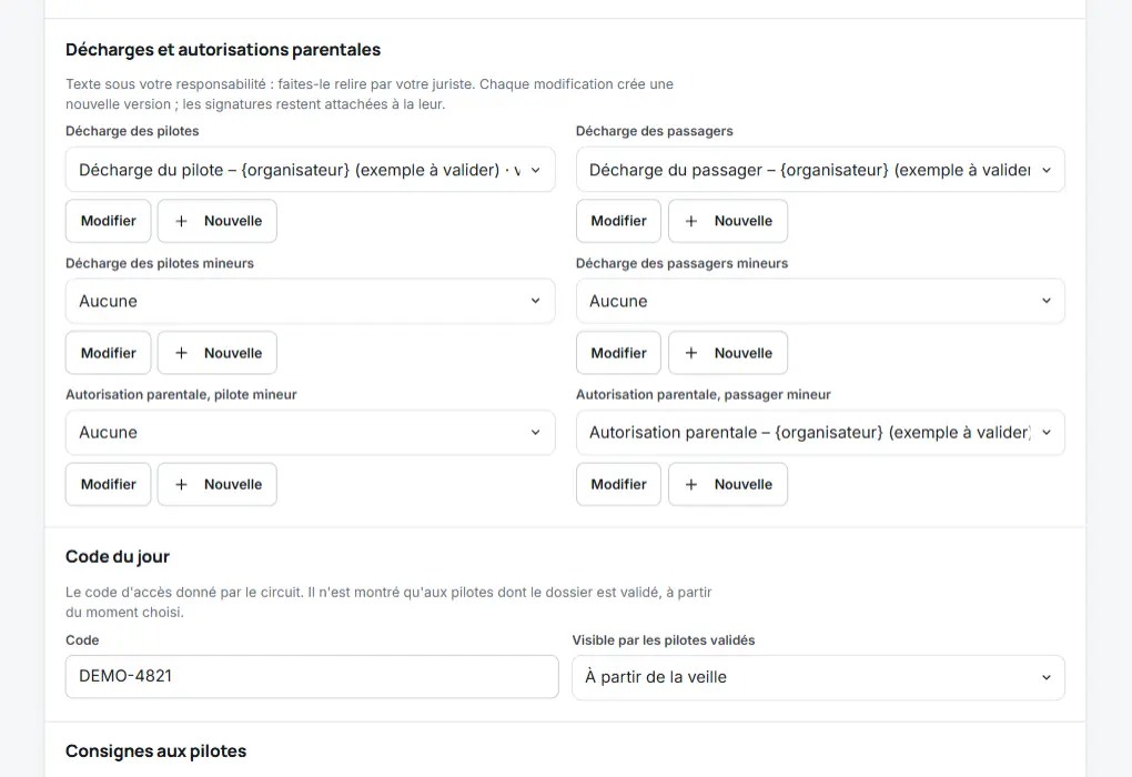 Réglages de la journée : décharges, code du jour et consignes aux pilotes