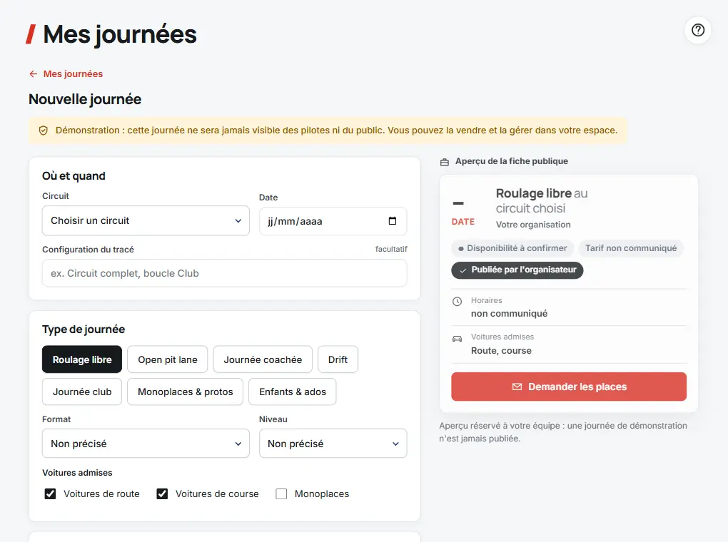 Création d'une journée avec l'aperçu de la fiche publique