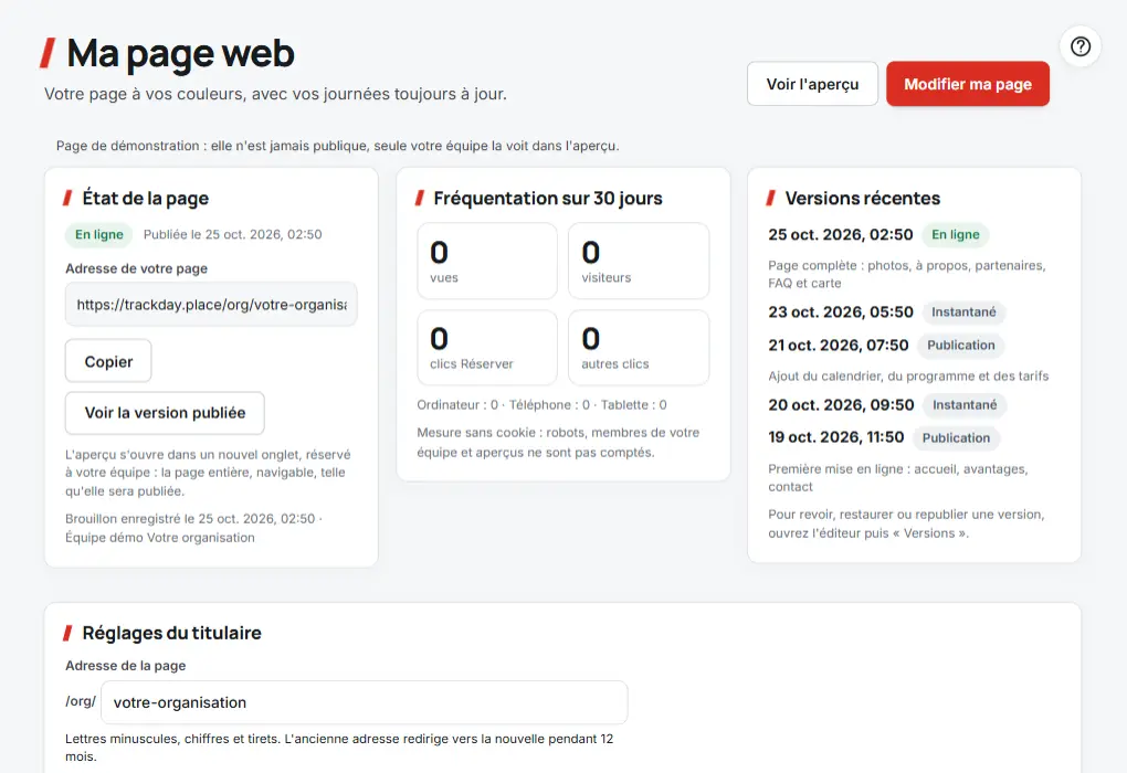 Ma page web : état de la page, fréquentation sur 30 jours et versions