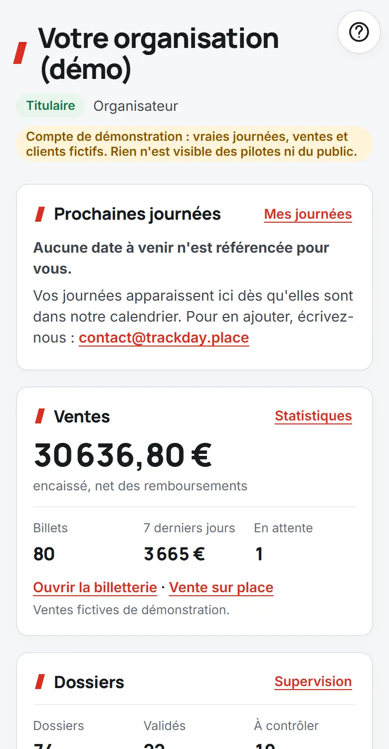 Tableau de bord de l'espace organisateur sur téléphone
