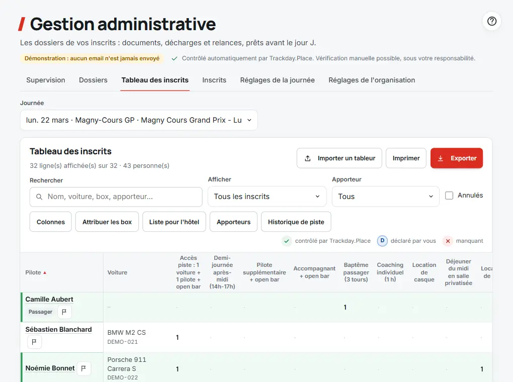 Tableau des inscrits : une ligne par pilote, une colonne par option, import et export